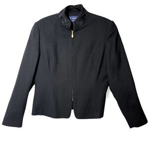 90s VTG Andrea Viccaro 100% New Wool Jacket Black sz 12 Embroidered Stand Collar